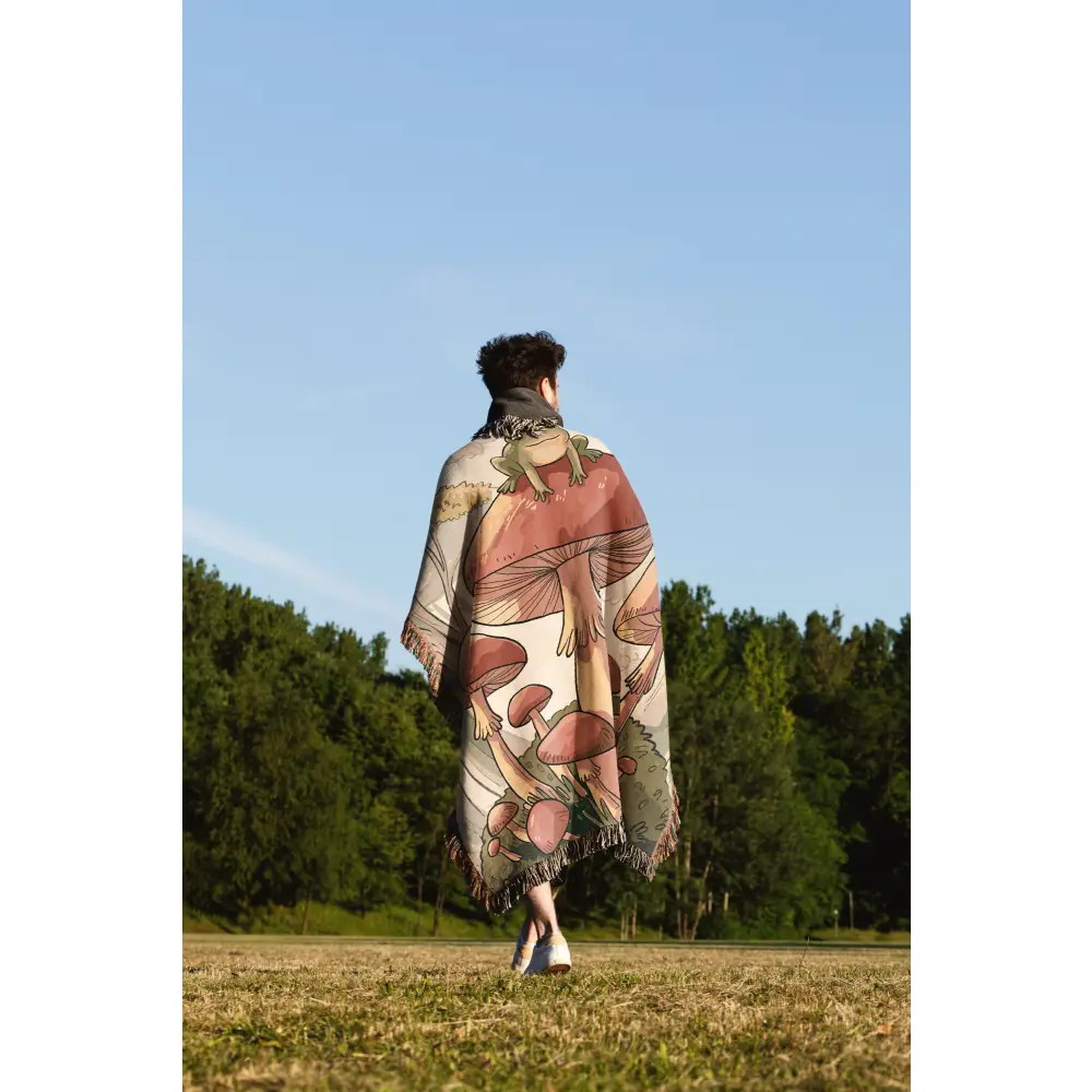 Mushroom-patterned woven blanket featuring Frog Mushroom personalized design