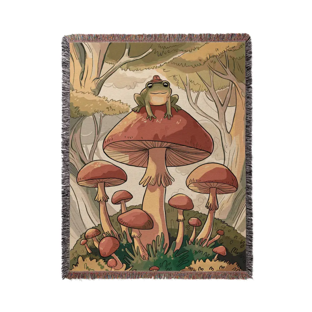 Frog Mushroom Personalized Custom Woven Blanket featuring a frog and mushroom design