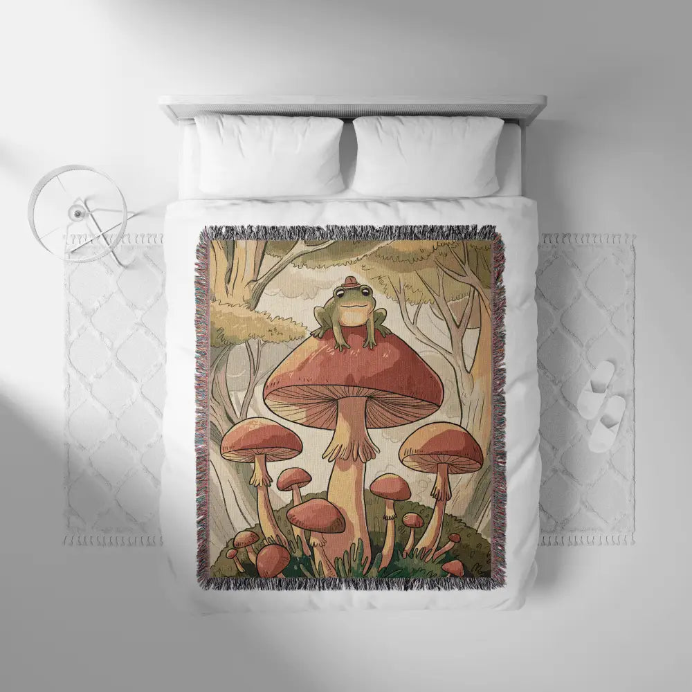 Frog Mushroom Personalized Custom Woven Blanket featuring a vibrant frog and mushroom design