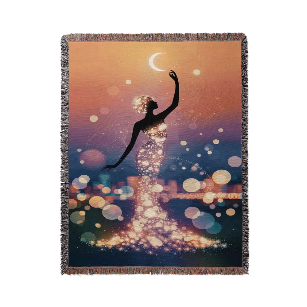 Luminous Woman Personalized Woven Blanket with a woman in a sparkling dress reaching for the moon