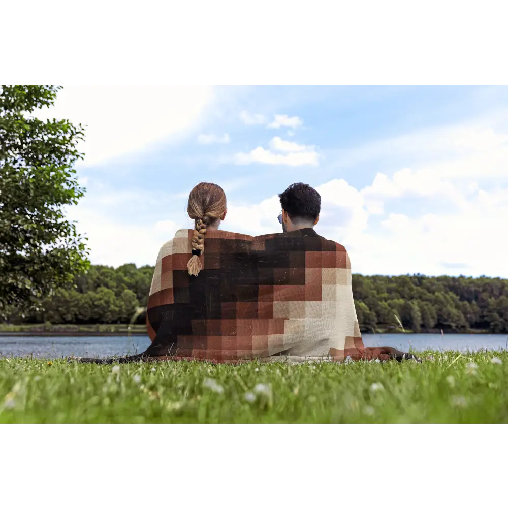 Pixelated blanket-covered couple with Abstract Shapes Personalized Woven Blanket design