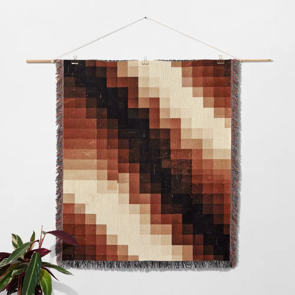 Pixelated brown and beige woven wall hanging for Abstract Shapes Personalized Woven Blanket