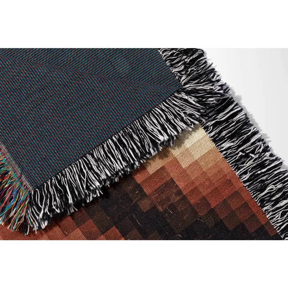 Pixelated woven blanket with fringe featuring abstract shapes personalized design