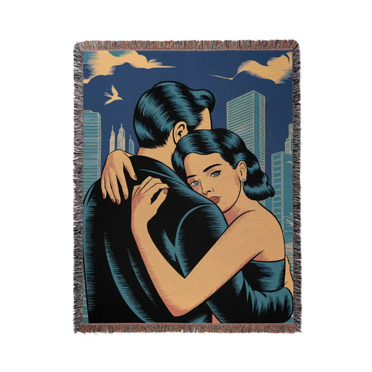 Vintage Couple Personalized Woven Blanket featuring an embracing couple design