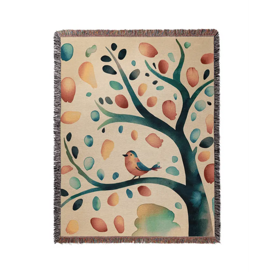 Watercolor Bird Personalized Woven Blanket featuring a tree and bird design